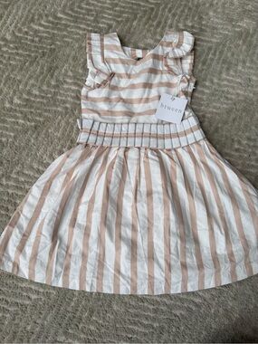 btween Girls' White & Tan Striped Ruffle Waist Dress